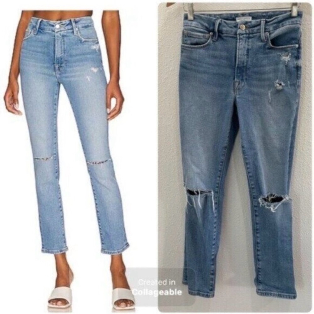 Good American "Good Classic" high-rise straight distressed stretch jeans 14/32